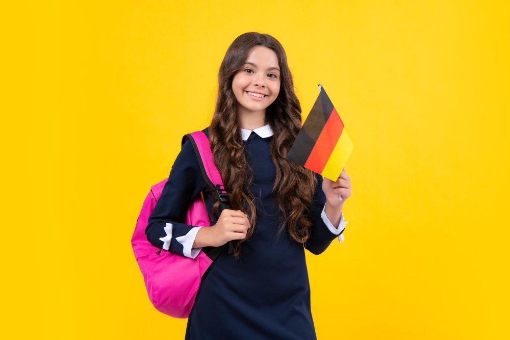 Goethe German exam preparation: student with German flag and books